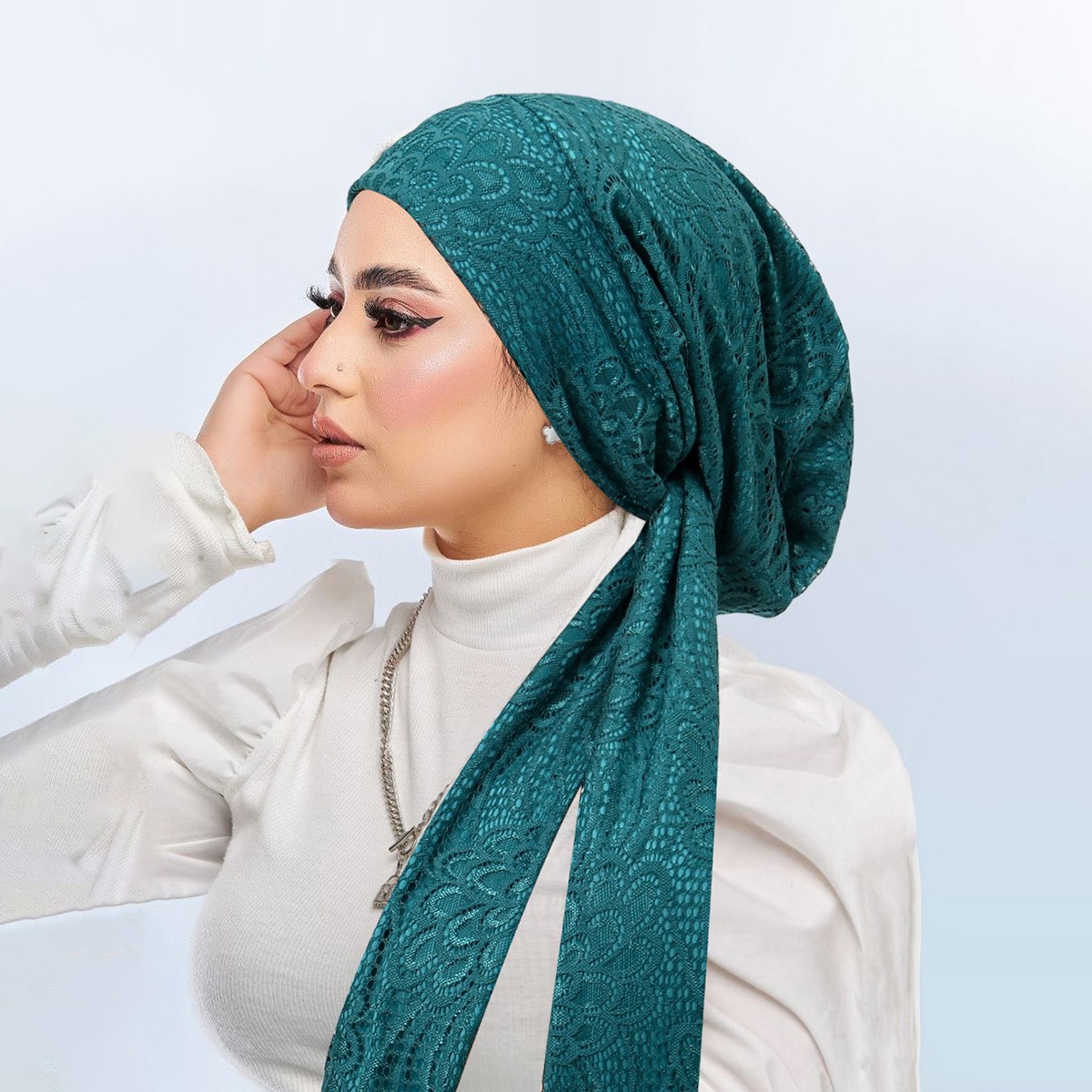 Muslim Women Bonnet Cap Head Wrap Lace Crinkle Long Tail Pre-Tied Turban Hijabs
