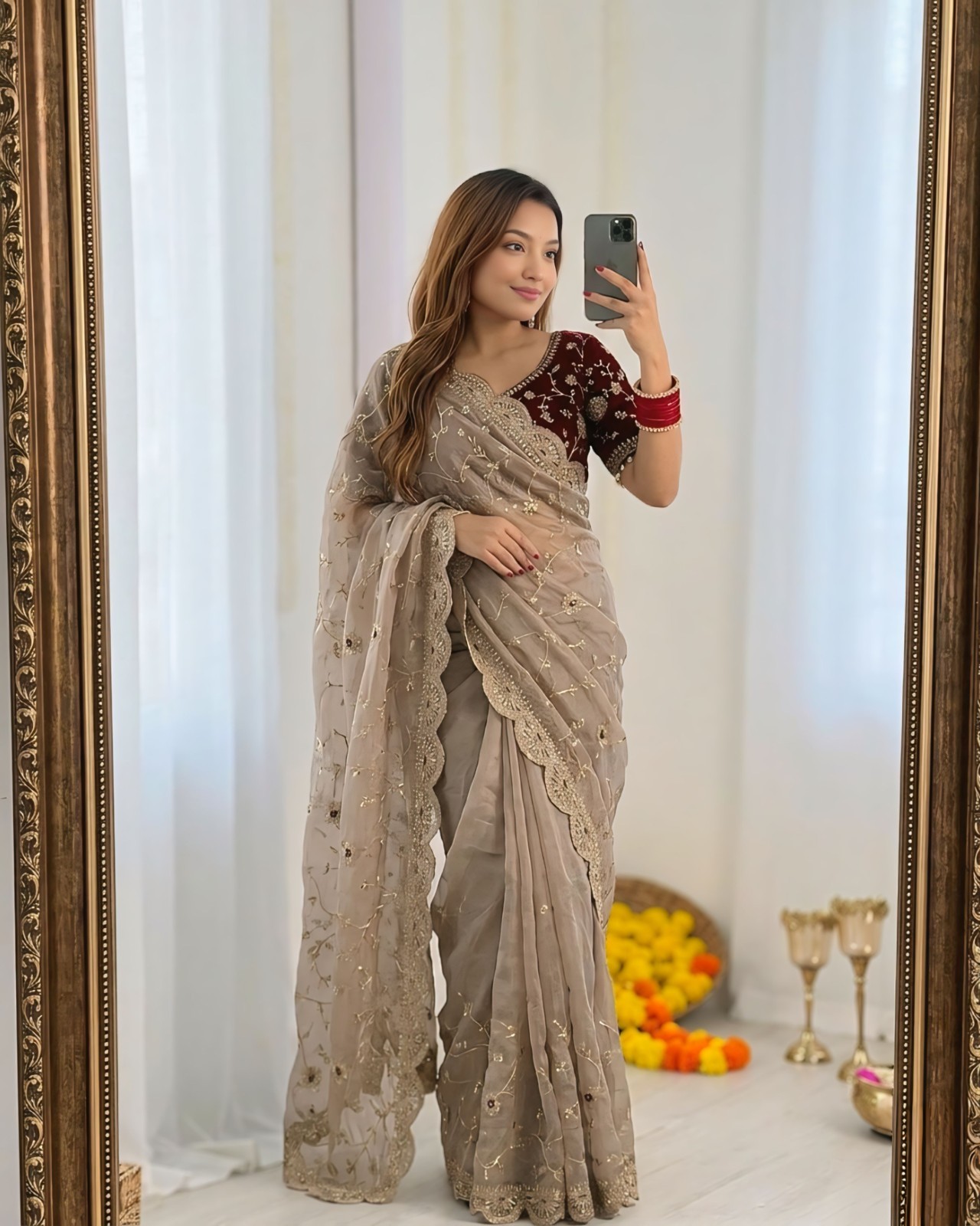 Wine Maroon Embroidered Organza Saree With Heavy Designer Blouse Elegant Emerald