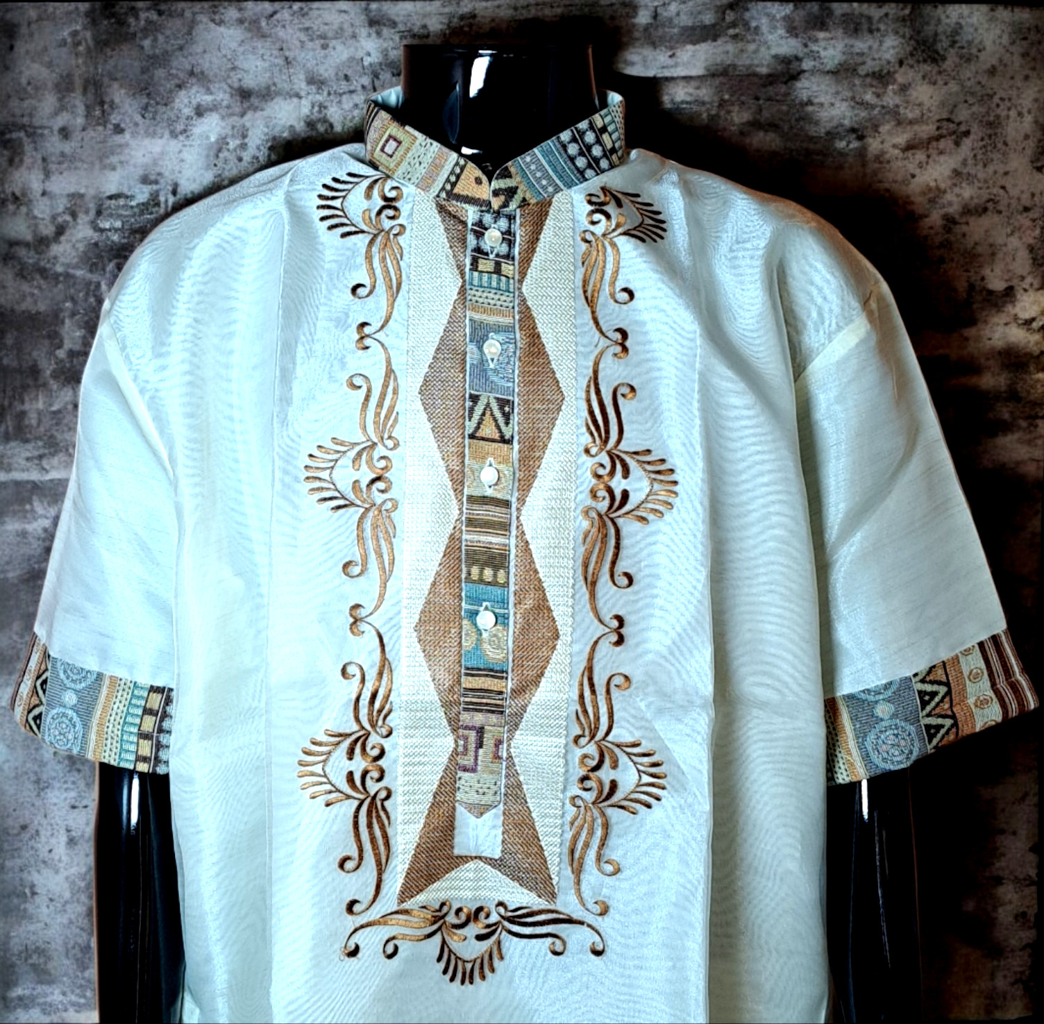 Men’s Short Sleeve Barong Tagalog Filipino Formal Shirt w/ Ethnic Fabric