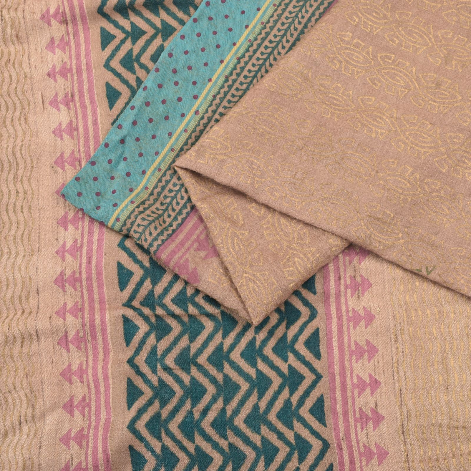 Sanskriti Vintage Peach Soft Pure Woolen Saree Floral Block Printed Sari 5.5+Yd