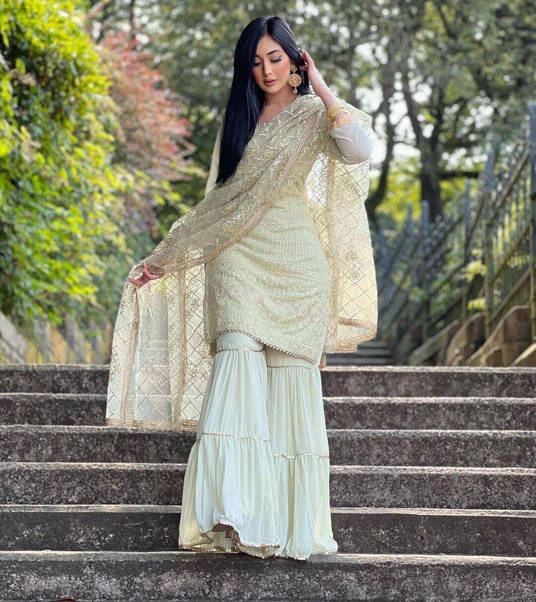 BOLLYWOOD STYLE MINT GREEN PALAZZO SUIT AND DUPATTA FOR RECEPTION AND PARTY WEAR