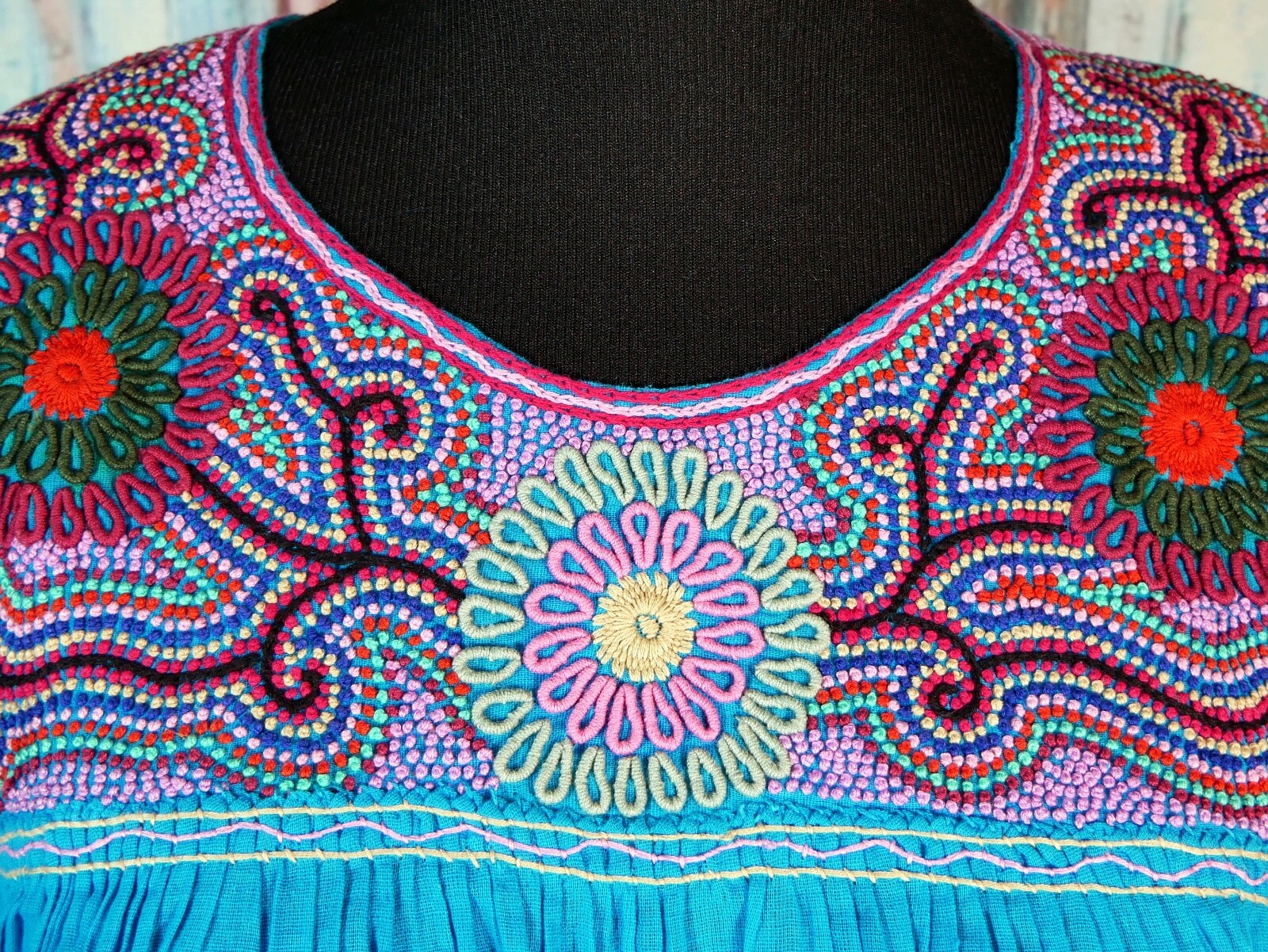 Lg Peasant Blouse Hand Embroidered Turquoise Cotton Mayan Chiapas Mexico Hippie