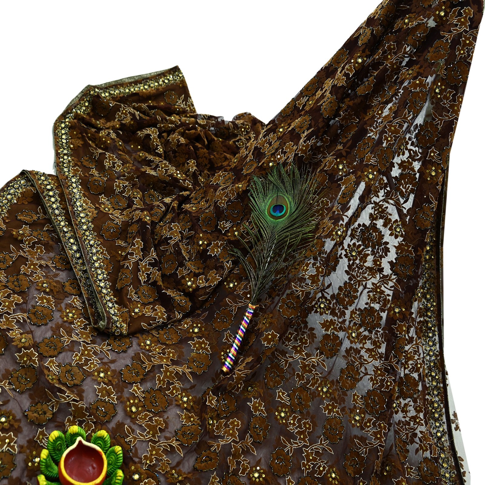 Vintage Heavy Coffee Brown Saree Net/Mesh Hand Beaded Sari Fabric 5Yd Sewing