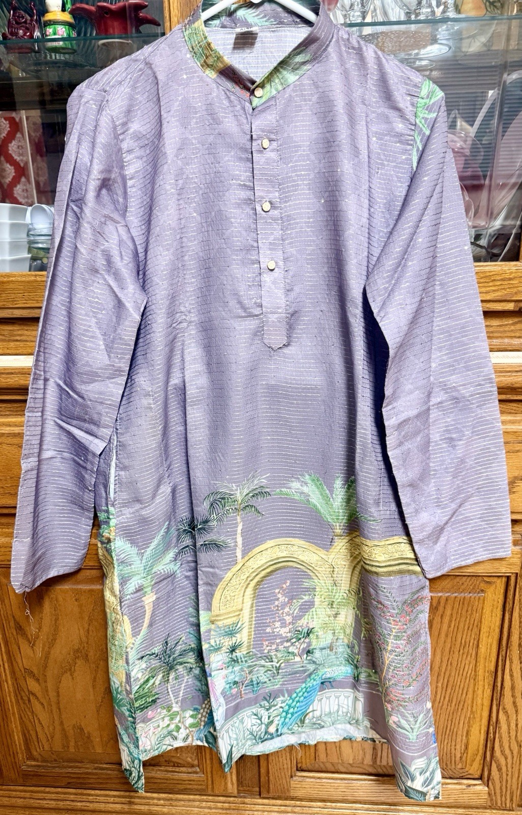 NWT Men’s Kurta PAJAMA SET SZ 36 S purple/sequins peacock PRINT India-USA sell