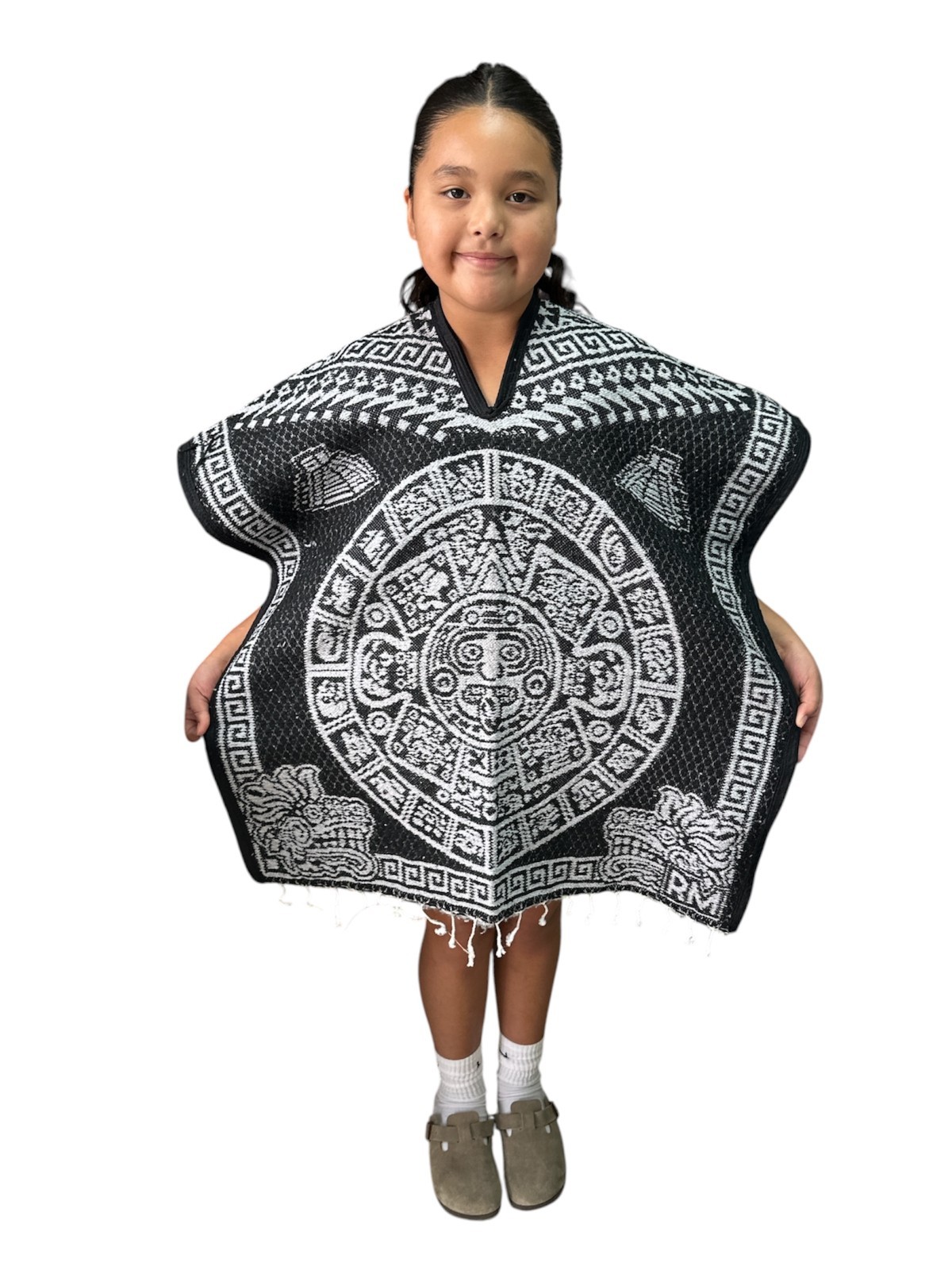 KIDS AZTEC PONCHO , UNISEX , BLANKET GABAN ,6-12 YEARS , BLACK & GRAY
