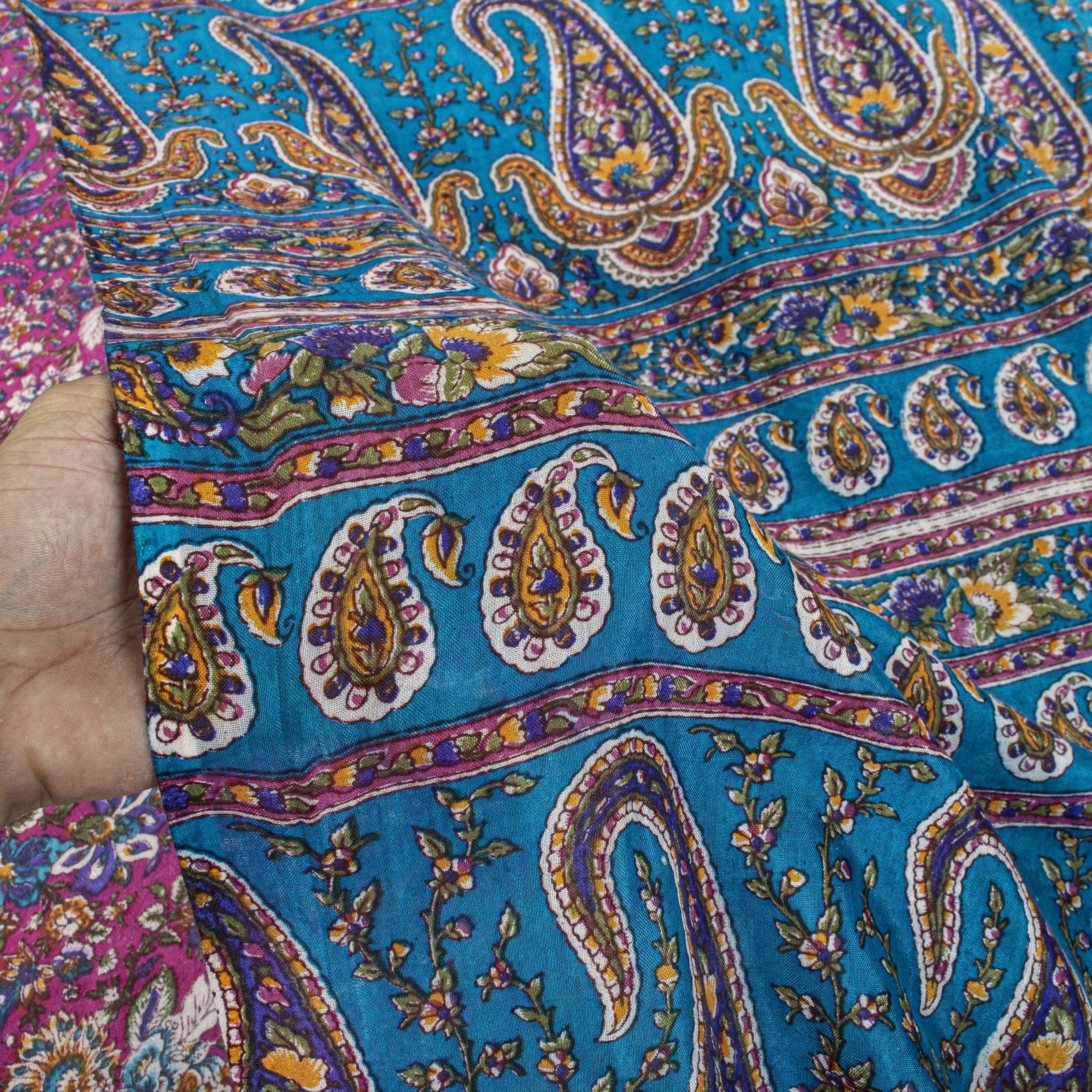 Sanskriti Vintage Saree Pink-Blue Pure Cotton Floral Printed Sari Fabric 5+Yard