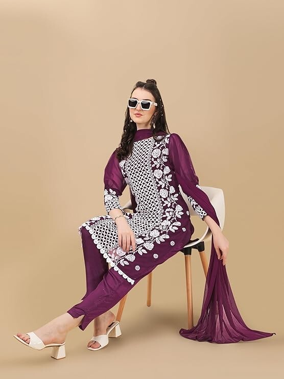 Women Wine Chikankari Lucknawi Kurta With Pants & Dupatta , Salwar Kameez Top