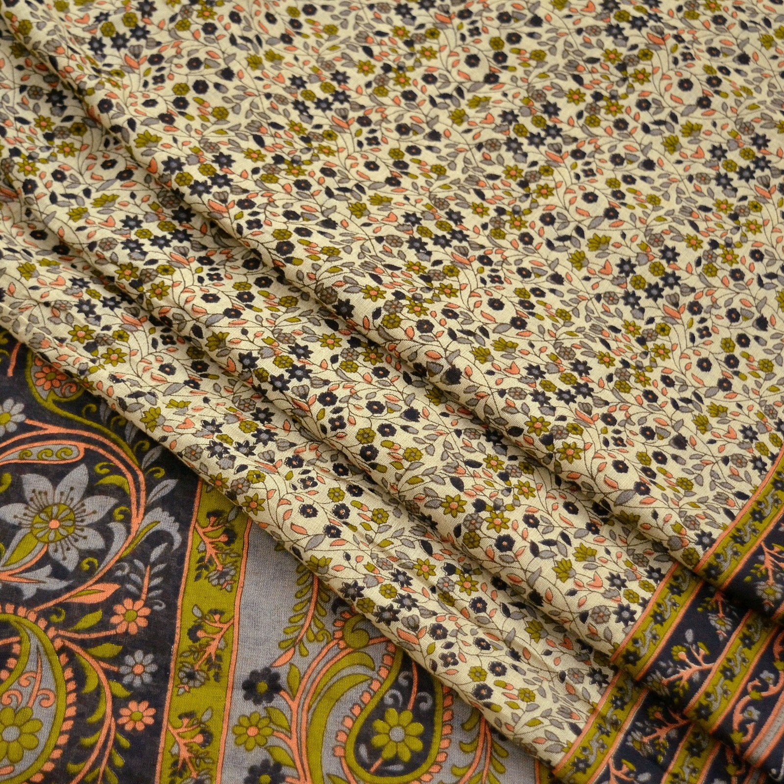 Indian Vintage Sari Ivory Printed Pure Cotton Sarees 5Yd Craft Fabric Sarong