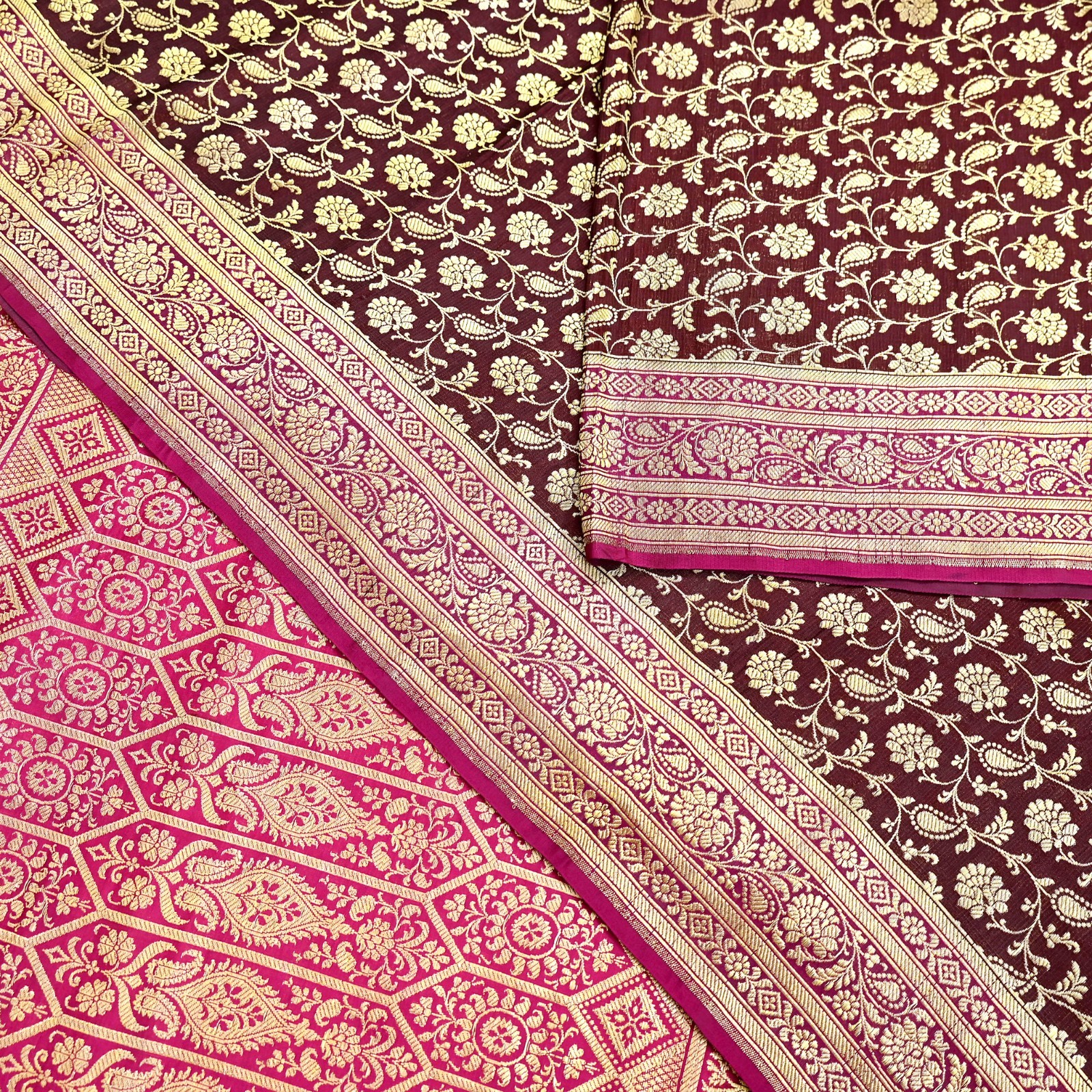 Vintage Sari Pink & Maroon Heavy Wedding Pure Satin Silk Banarasi Brocade Saree