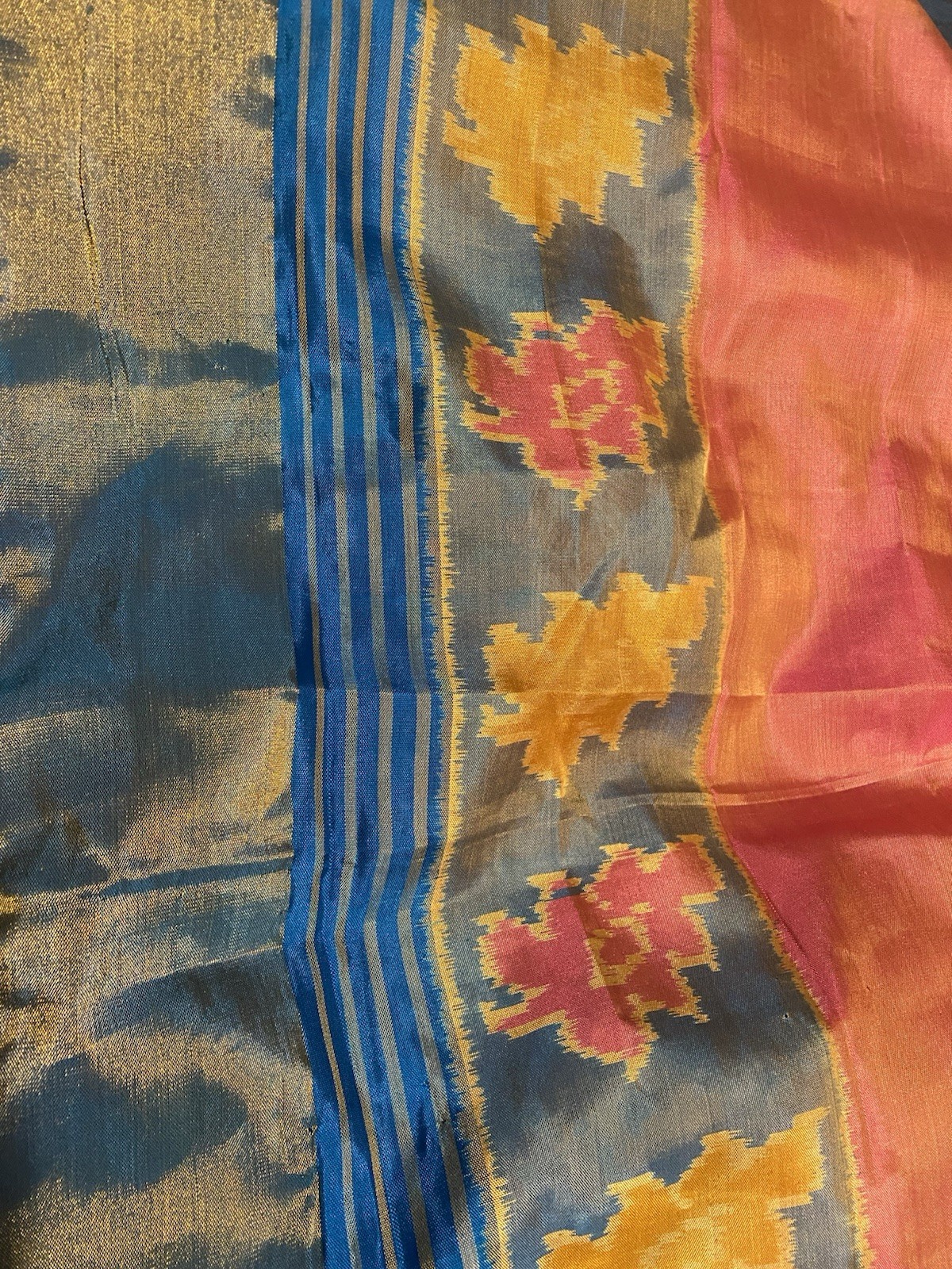 Kavanji Silk Saree Pink Yellow Blue Gold Geometric Pattern Indian Sari w/blouse