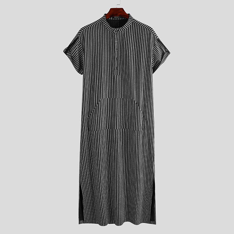 Fashion Men’s Muslim Short Sleeve Striped Thobe Saudi Arab Islamic Jubba Kaftan