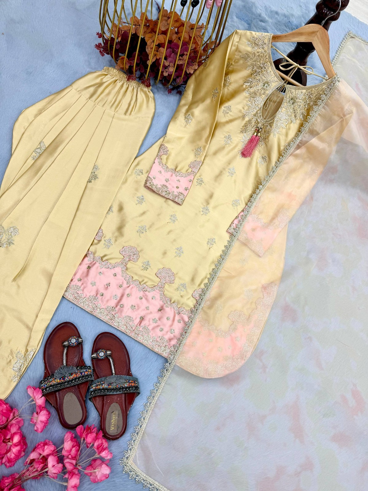 Bollywood Style Japan Satin Silk Yellow Palazzo Suit With Dupatta For Festival