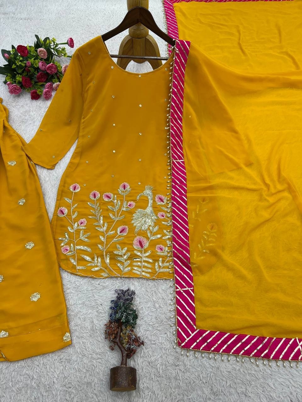 Punjabi Style Faux Georgette Yellow Patiala Suit With Dupatta For Wedding