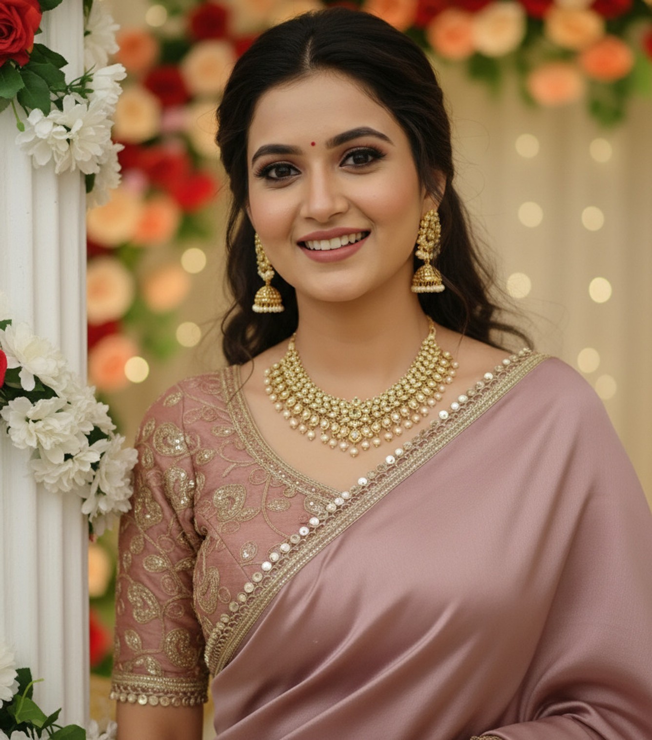 Embroidered Satin, Silk Blend Saree With Stitched Blouse (Beige)