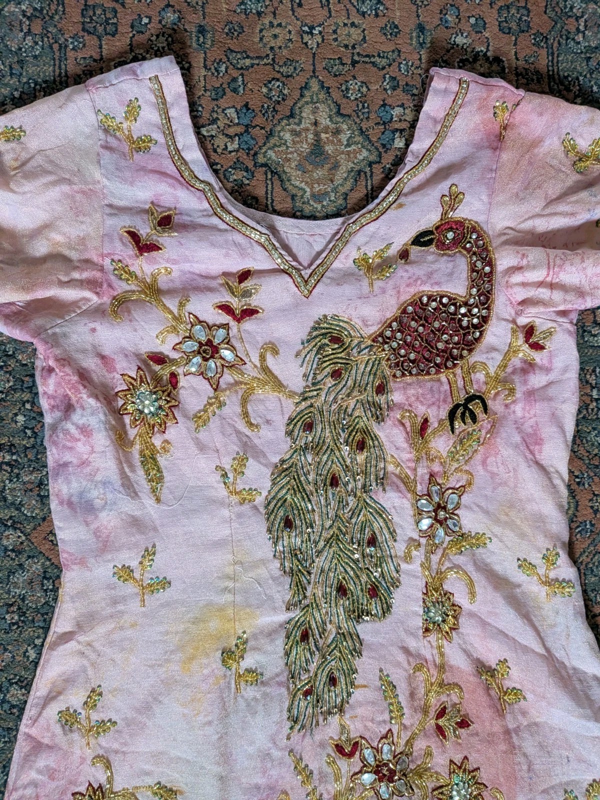 Vintage Hand Embroidered Beaded Peacock Indian Tunic Kurti Pink Boho Maximalist