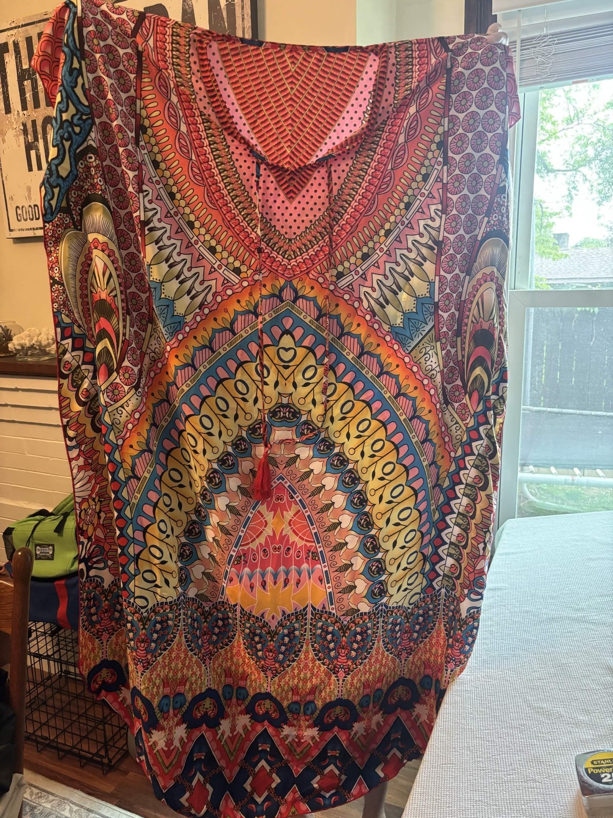 Silk Pullover Long Dress Pink Red Yellow Geometric Tribal Women’s Casual
