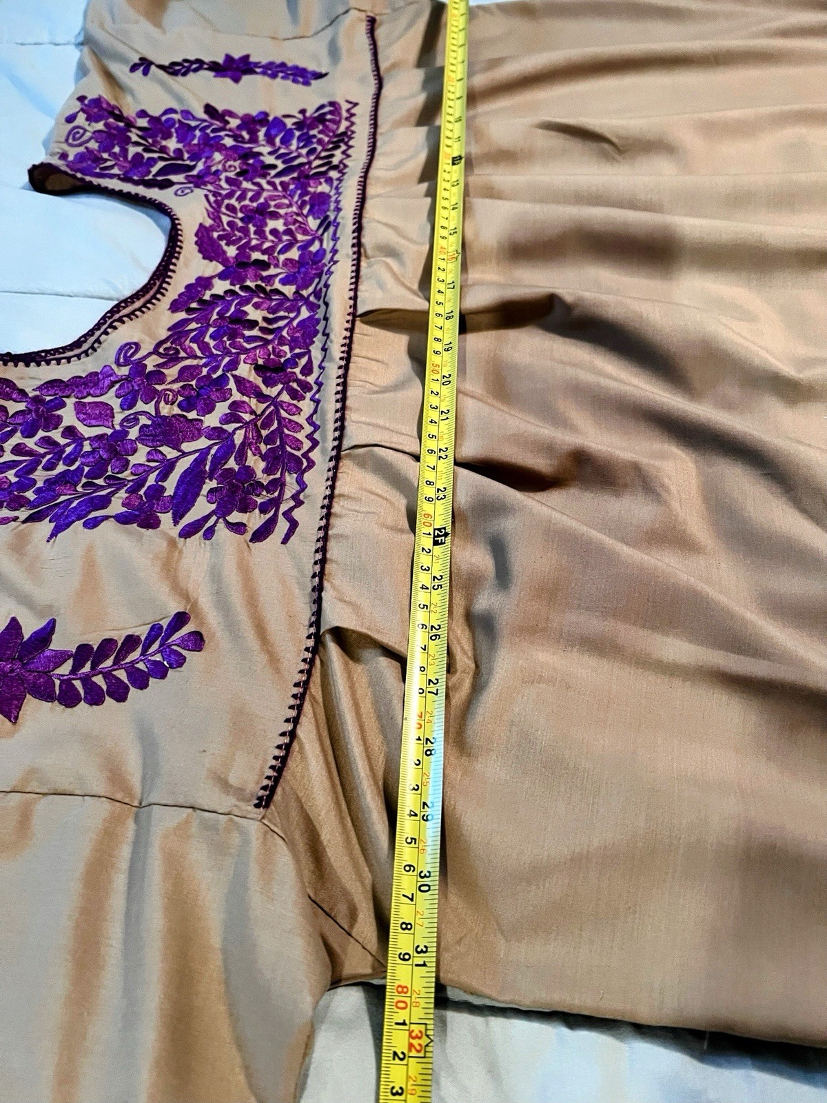 Handmade Beige Mexican Huipil Dress Cotton Blend with Purple Embroidery 3-4X