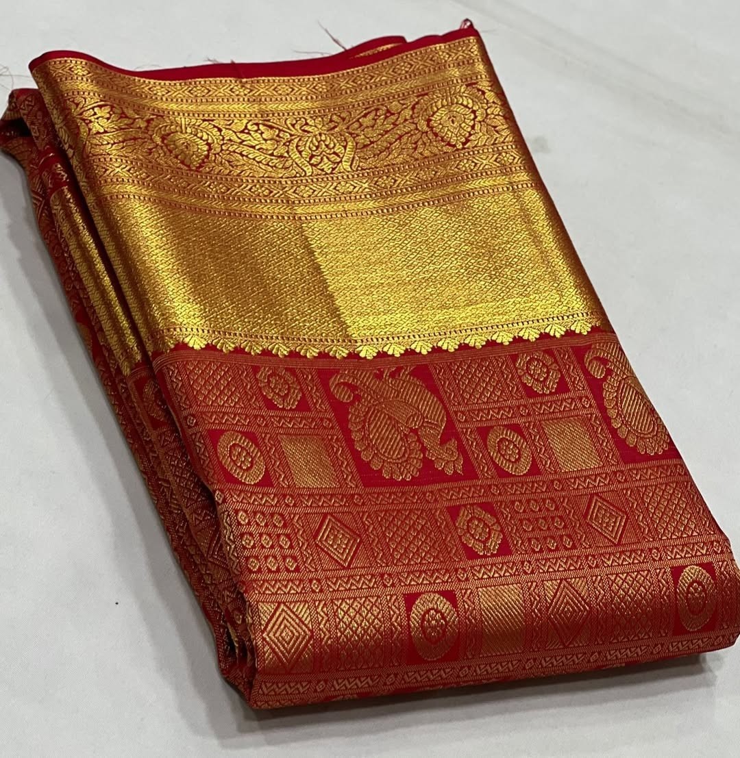 Majestic Red Soft Silk Saree with Royal Golden Zari Weave ✨