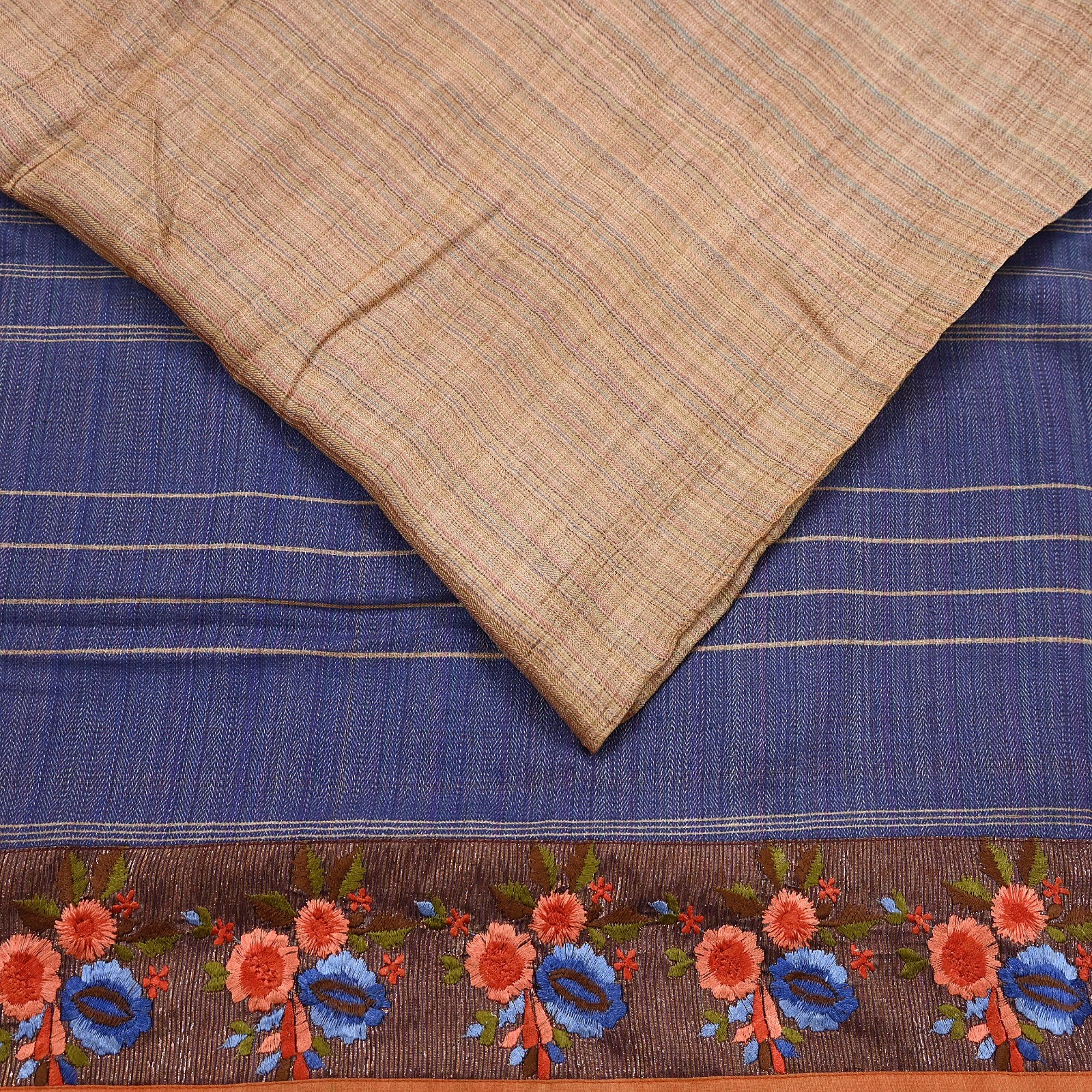 Vintage Blue beige Green Wool Saree Indian Pure Wool Floral Woven Fabric 5 Yard