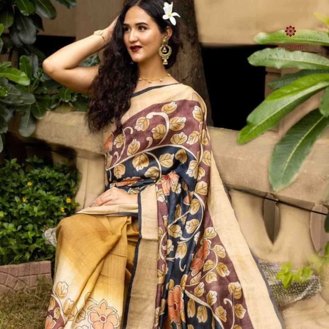 Yellow Black Hand Painted Kalamkari Saree