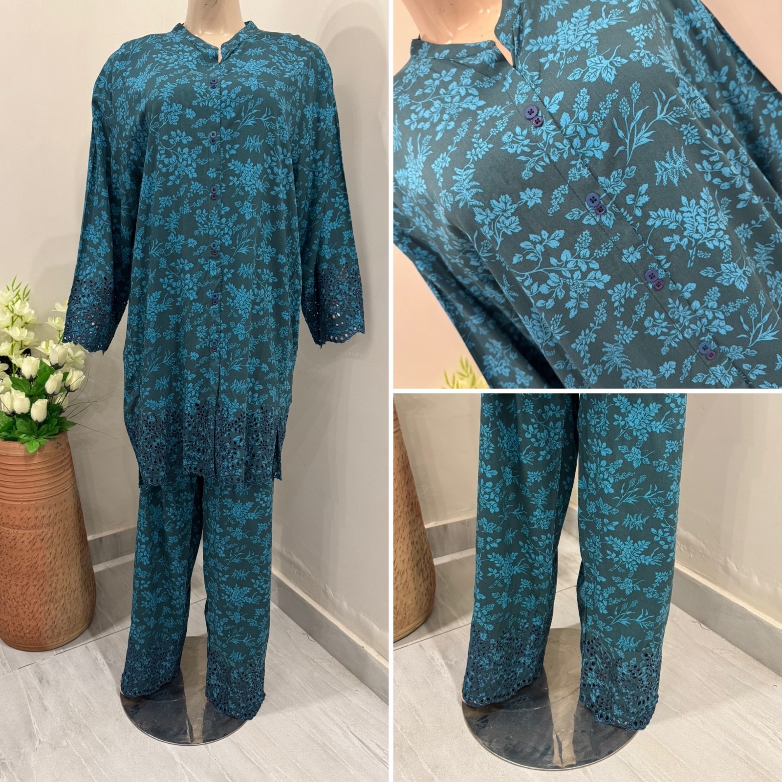 Pakistani teal 2 Pcs linen Dress with thread embroidery ,L