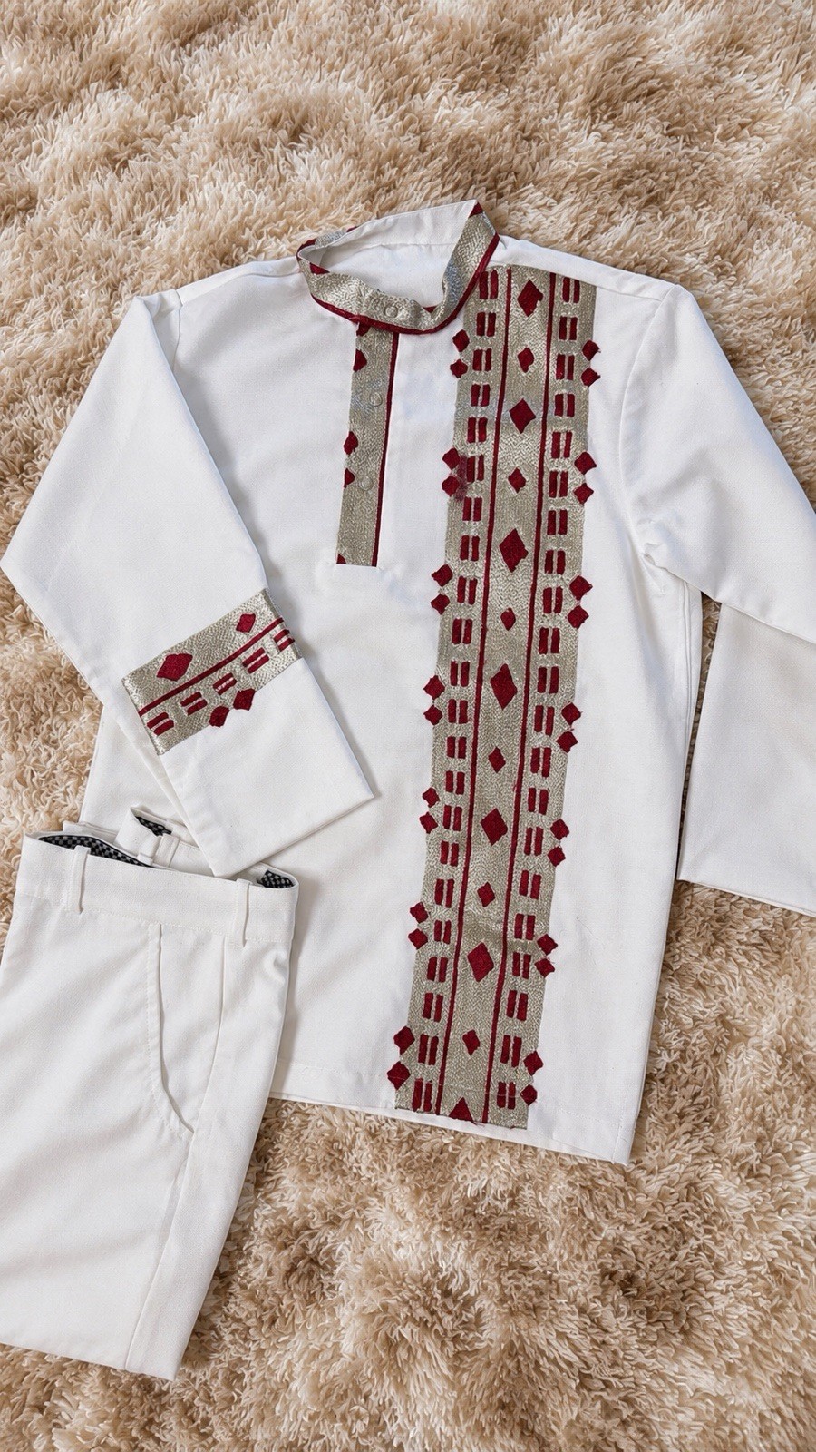 Men’s White Ethiopian Traditional Embroidered Long Sleeve Shirt & Pants Red Set