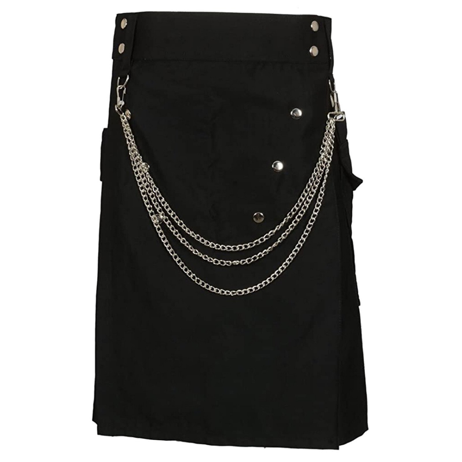 Fashion Cargo Utility Kilt Black with Silver Chains Scottish Outfit Traditional