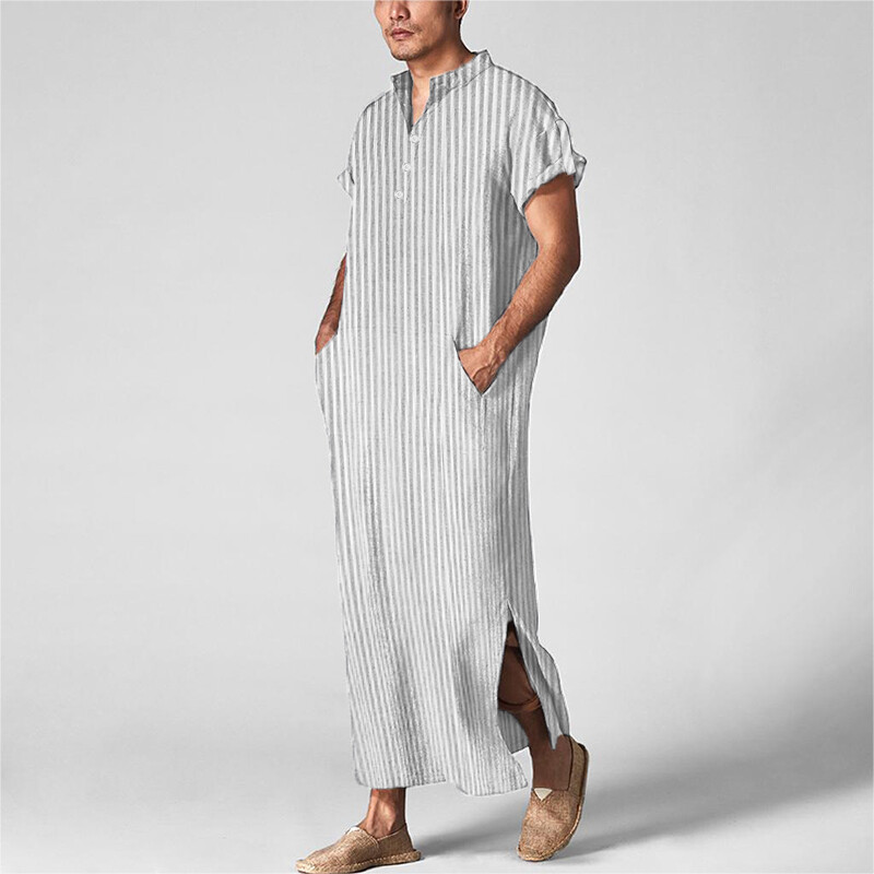 Fashion Men’s Muslim Short Sleeve Striped Thobe Saudi Arab Islamic Jubba Kaftan