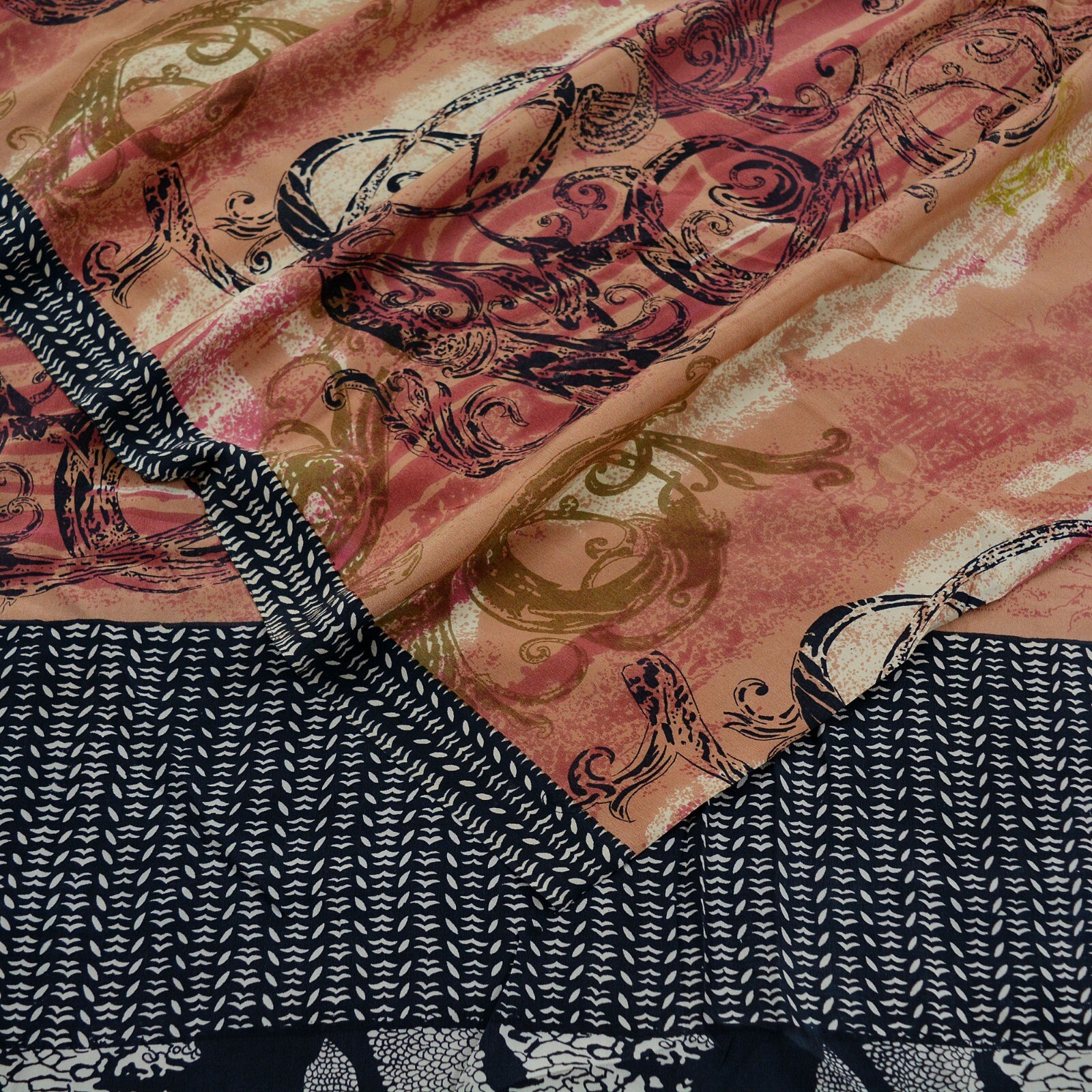 Vintage Sari Brown & Black Pure Crepe Silk Printed Saree 5yd Sewing Dress Making