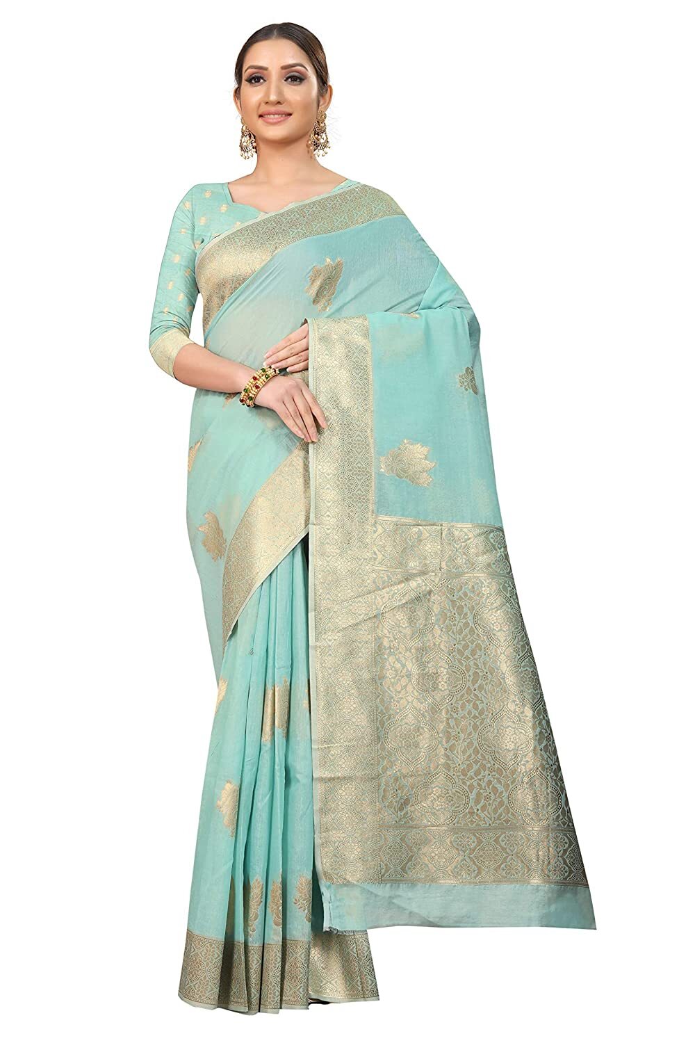 Women’s Cotton Gold Zari Woven Thread Saree With Unstitched Blouse Piece