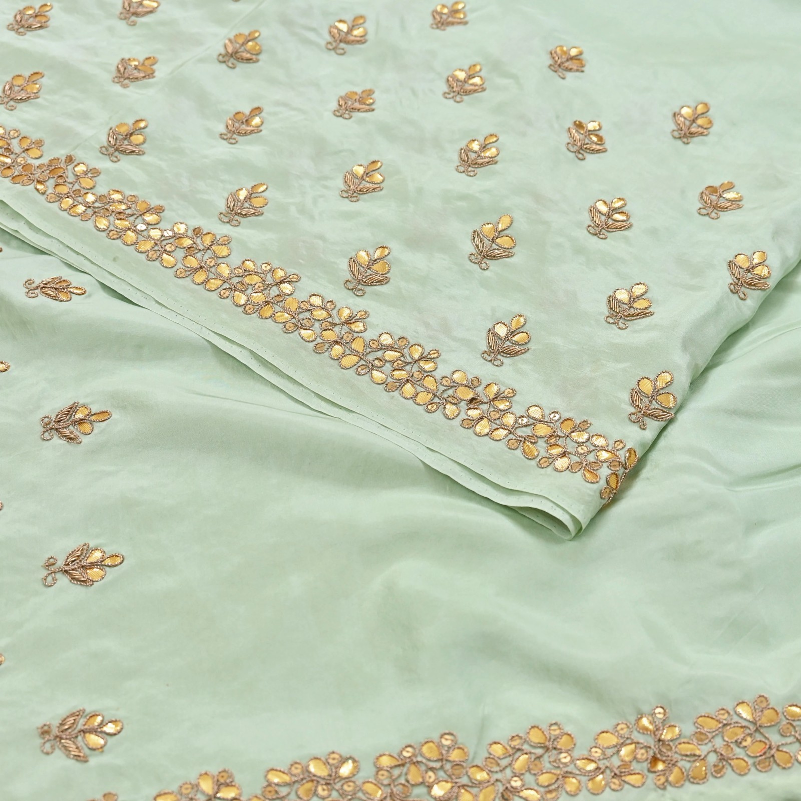 Rare Vintage Pista Green Pure Silk Zardozi Gota Hand Embroidered Designer Saree