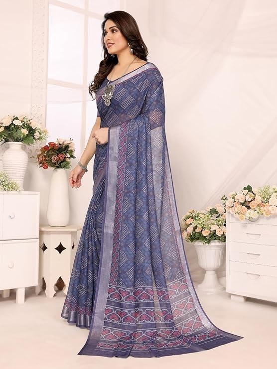 Women’s Striped Pattern Cotton Silk Saree and Unstitched Blouse Piece
