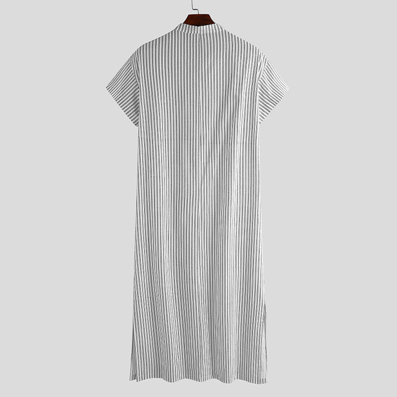 Fashion Men’s Muslim Short Sleeve Striped Thobe Saudi Arab Islamic Jubba Kaftan