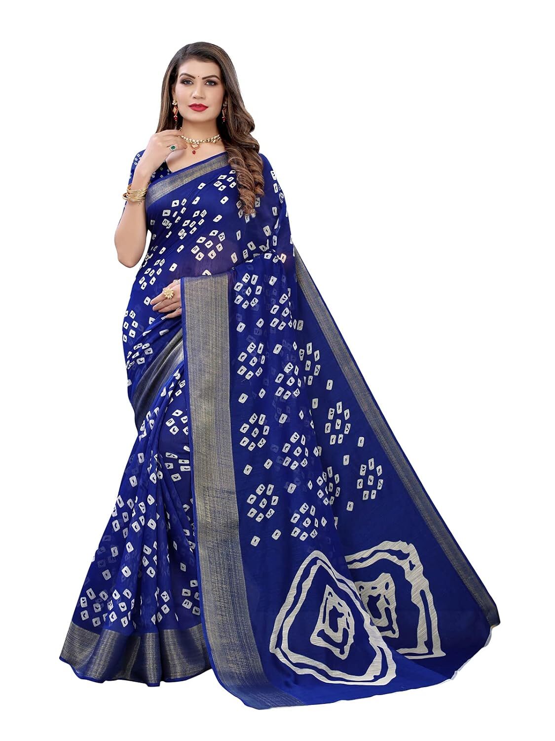 Women’s Bandhani Printed Jari Patta Poly Cotton Saree With Blouse Piece