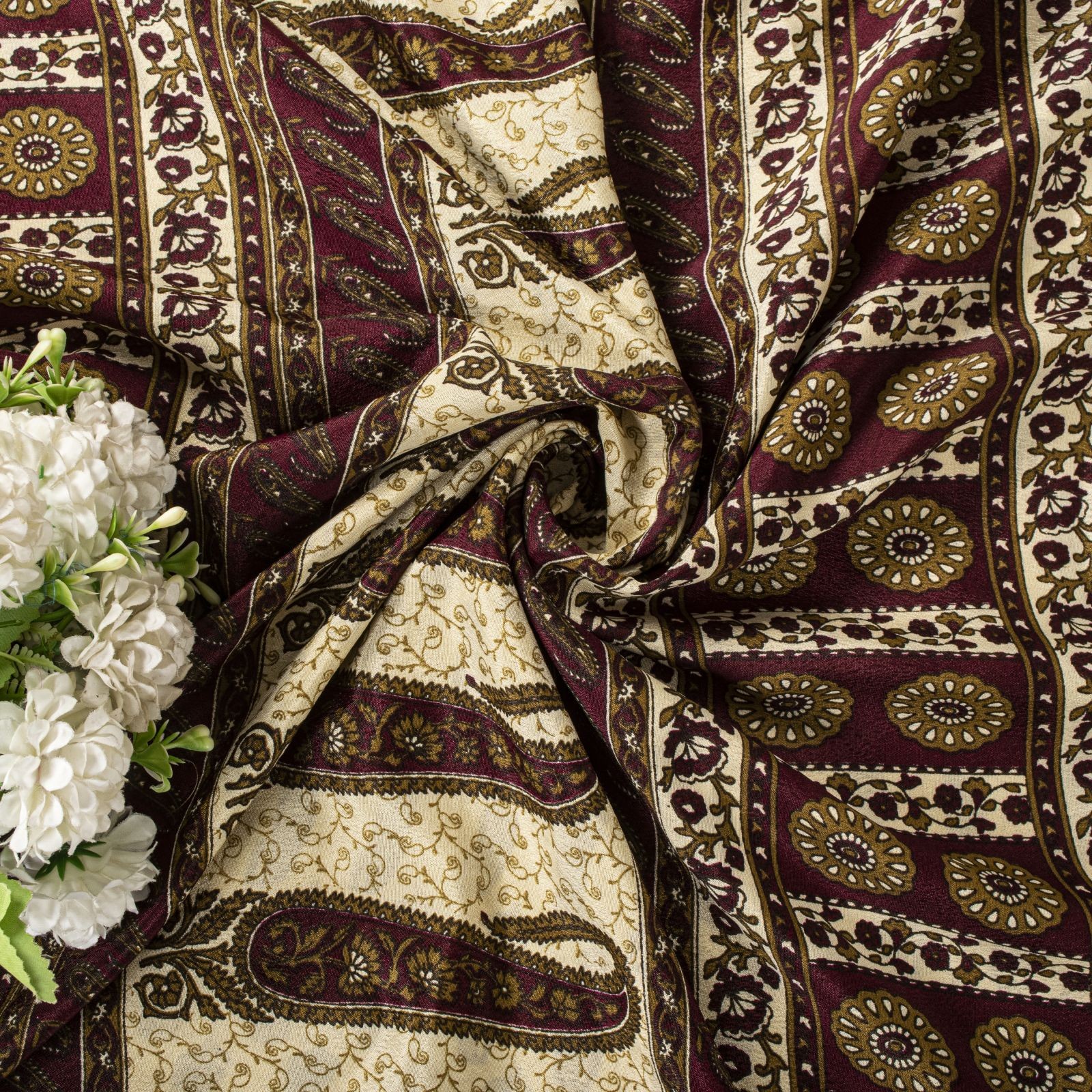 Sanskriti Vintage Beige-Wine Moss Crepe Saree Paisley Printed Fabric 6 Yard Sari