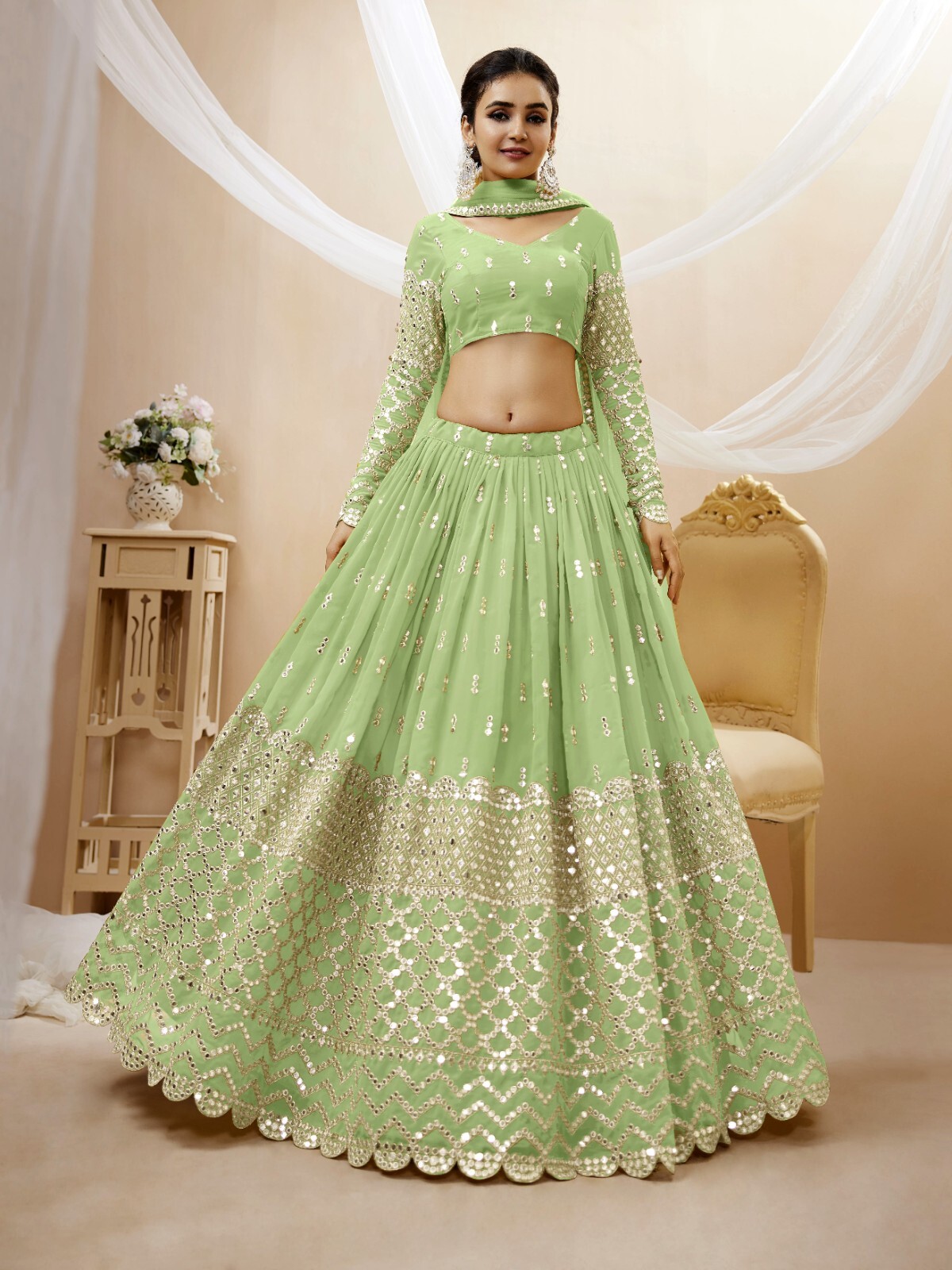 Unique New Pista Green Lehenga Choli With Fancy Dupatta For Wedding Wear