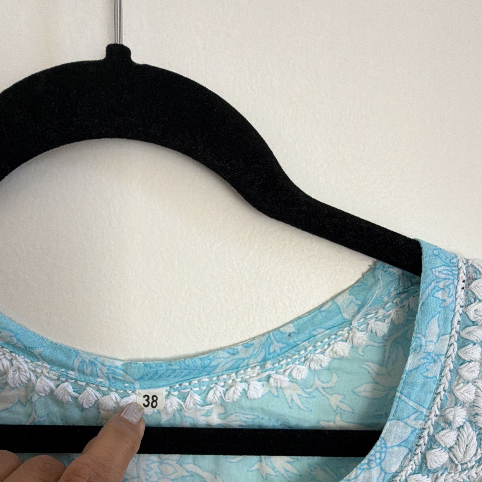Women’s Blue & White Embroidered Kurti Kurta Tunic V-Neck 3/4 Sleeve 38