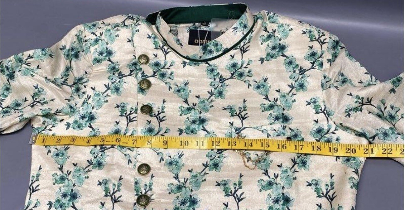 Sherwani Mens Indian Wedding Jacket 40 Formal Tan Green Floral Buttons NWT Beige