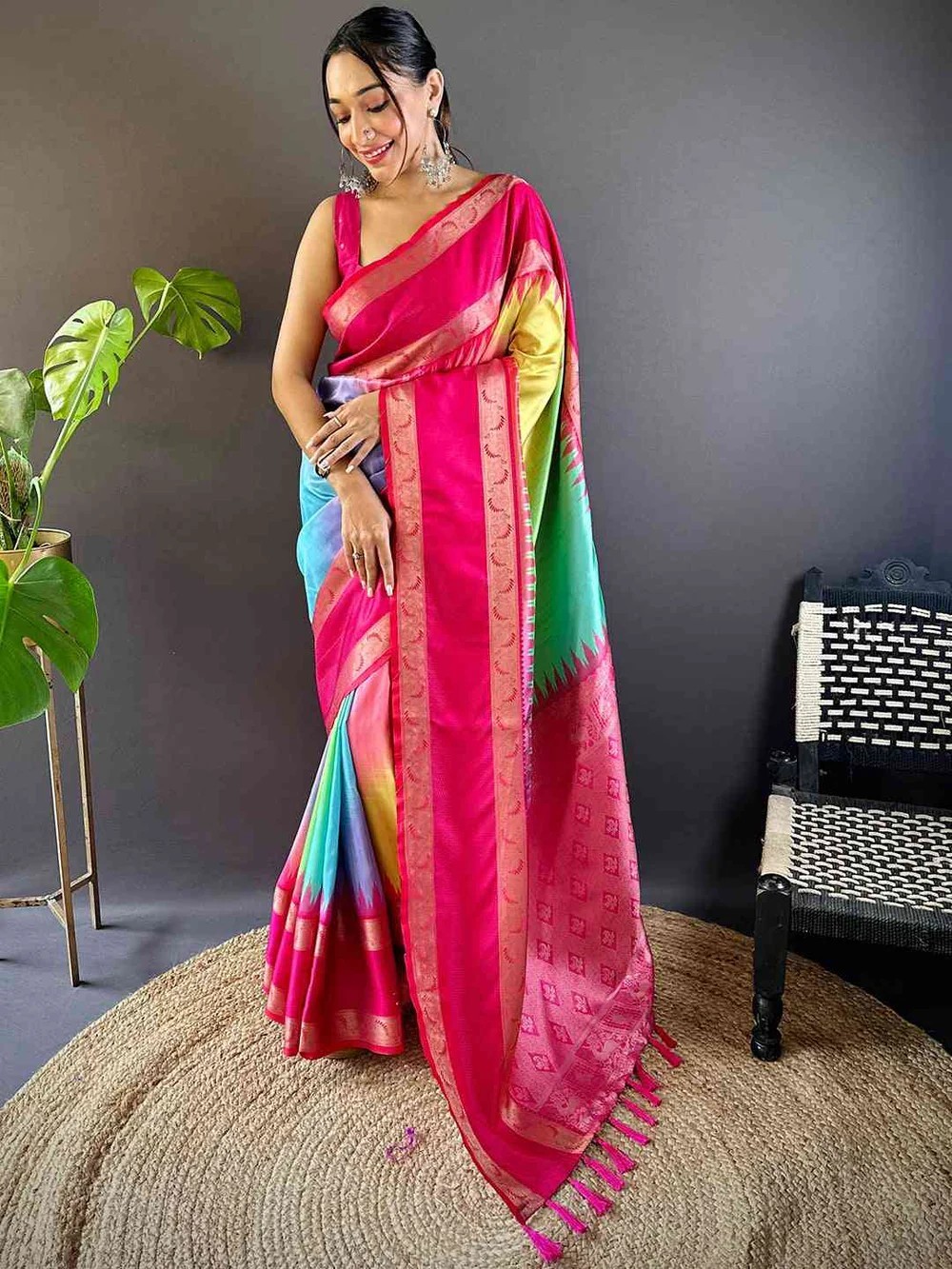 Women Rainbow Soft Silk Ikkat Saree With Blouse Unstitched Piece