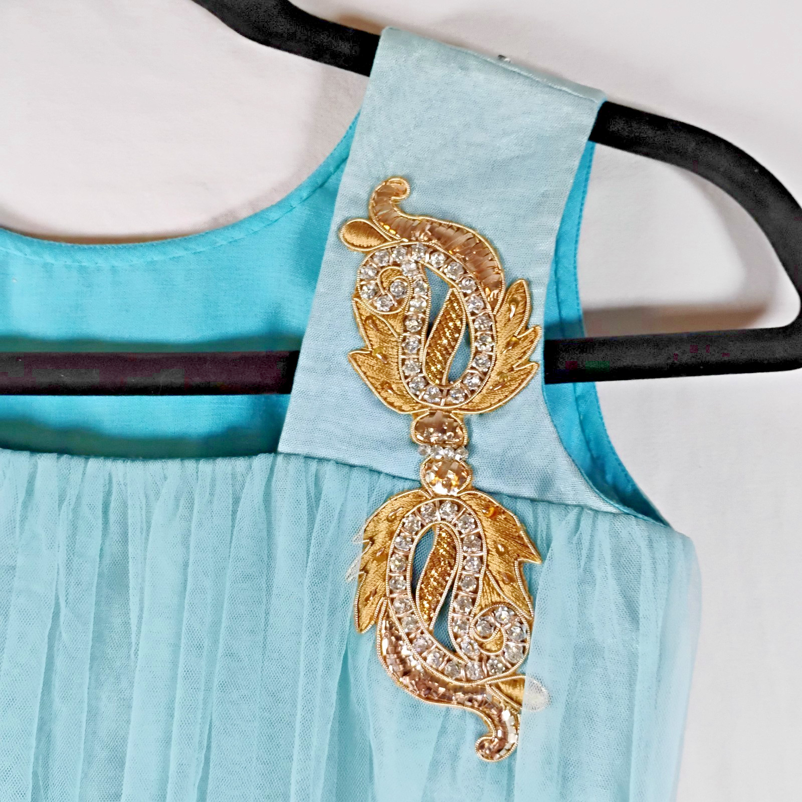 Girls Salwar Kameez Anarkali Set Blue Gold Party Wear Size 8-10? (26″ Chest)