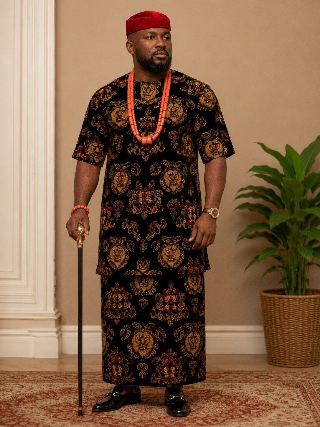 Nigeria/Igbo Traditional Men’s/Chieftaincy Red Cap Damask Red