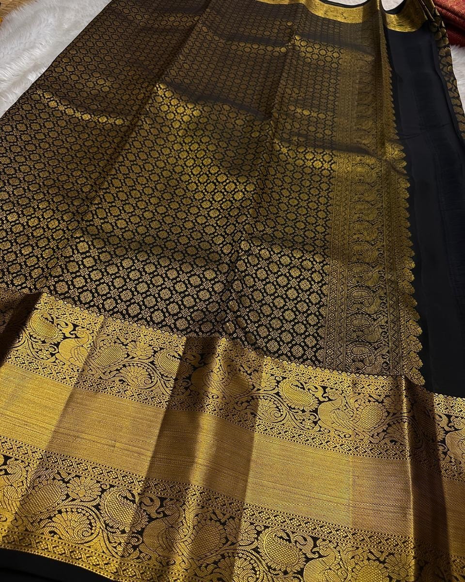 Regal Black Soft Silk Saree with All-Over Golden Zari Design ✨
