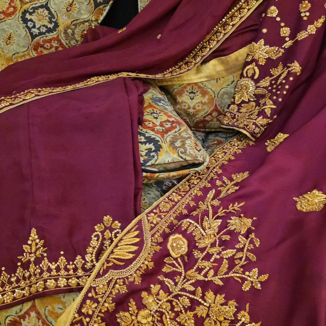 Royal Wine Designer Suit with Intricate Gold Hand Embroidery