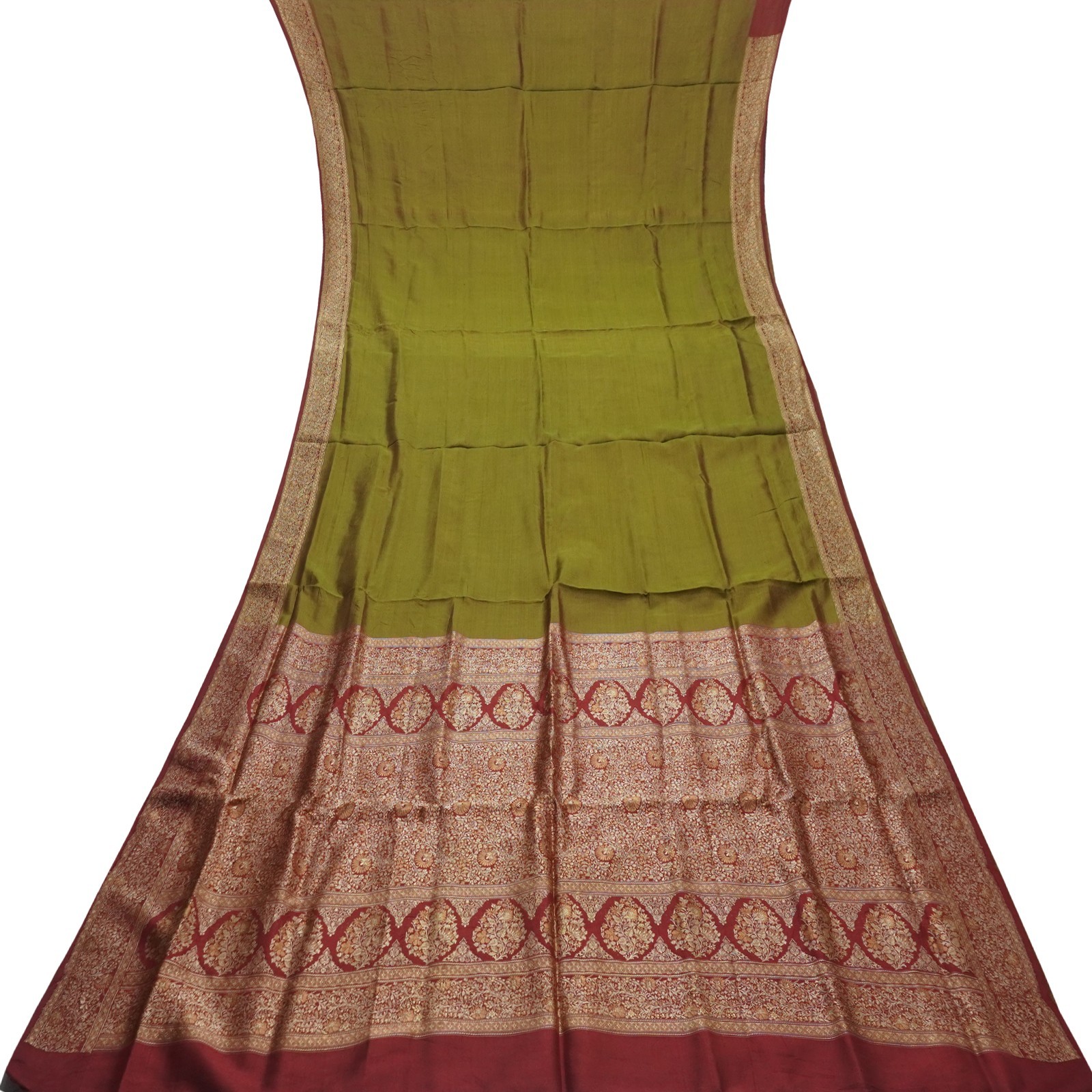 Vintage Olive Green Sarees 100% Pure Silk Woven Indian Sari 5YD Craft Fabric