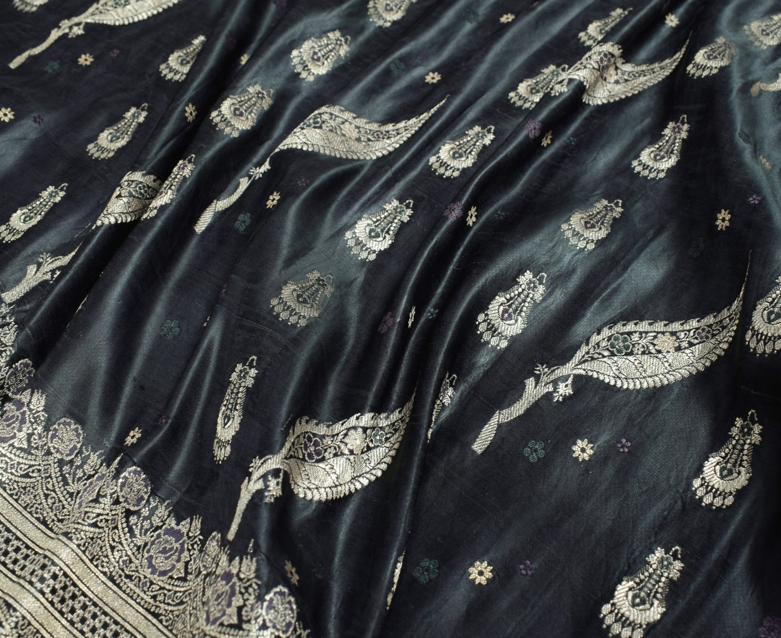 Sushila Vintage Heavy Saree Pure Satin Silk Banarasi Brocade Woven Sari Fabric