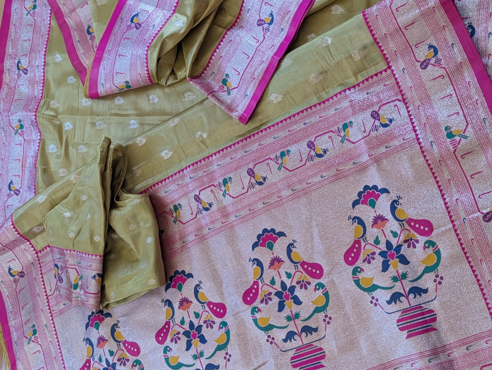 Saree Paithani Silk Muniya Peacock Minakari Zari Border Pallu Stitched Blouse