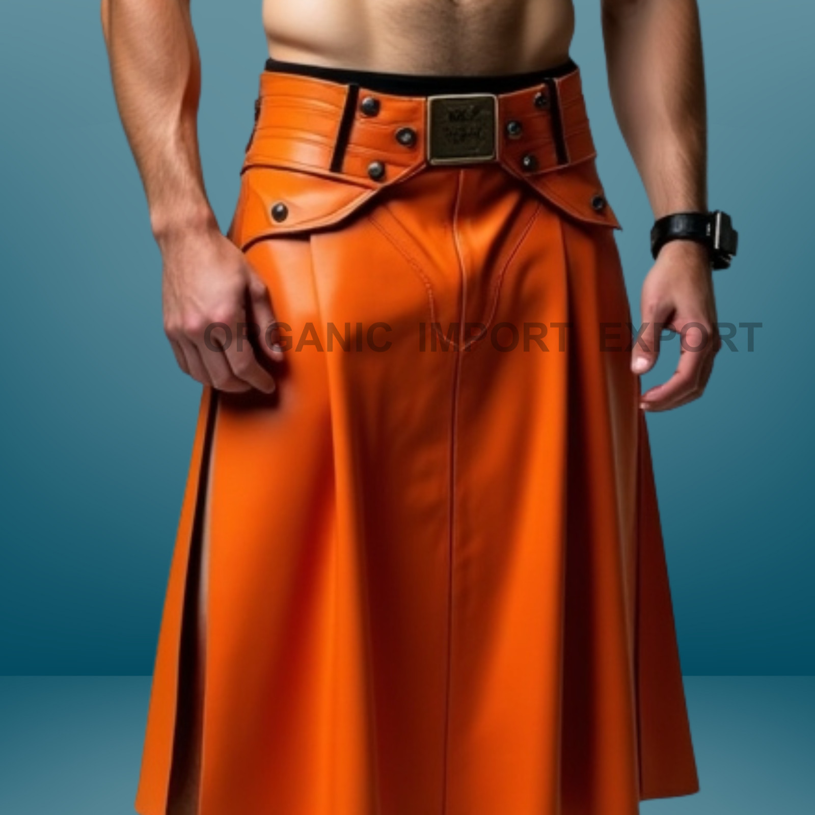 Men’s Orange Leather Utility Kilt – Gothic Streetwear Punk Fashion Skirt