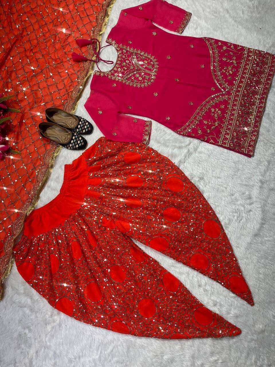 Ethnic Look Faux Georgette Pink Top Dhoti With Dupatta For Functional Wear