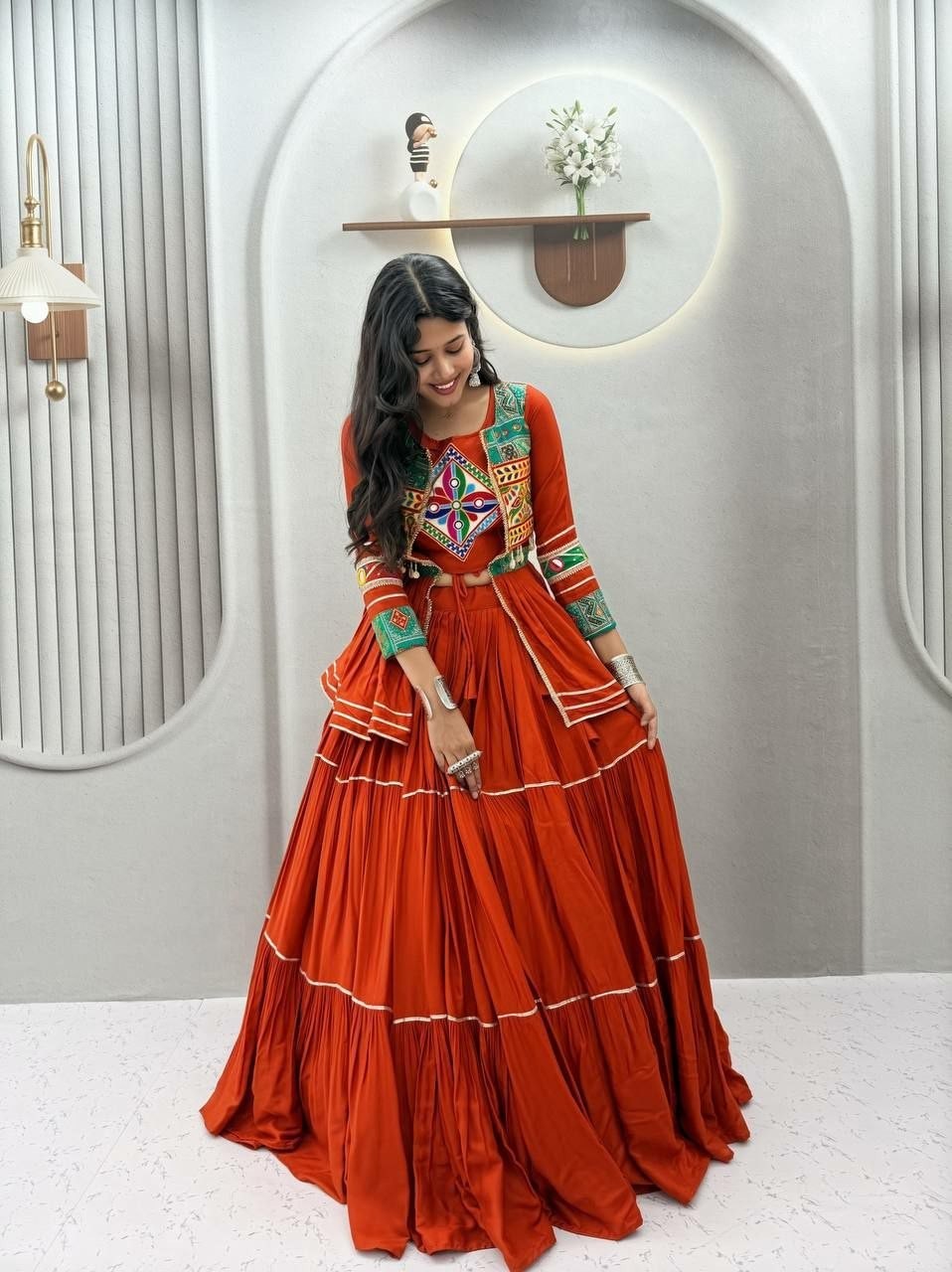 Plus Size Cotton Lehenga Choli Gamthi Mirror Work Navratri Garba Wear