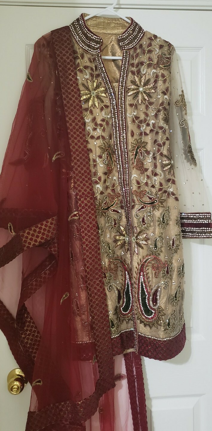 Indian bollywood Heavy Party suit in Gold And Maroon With bottom and net Dupatta